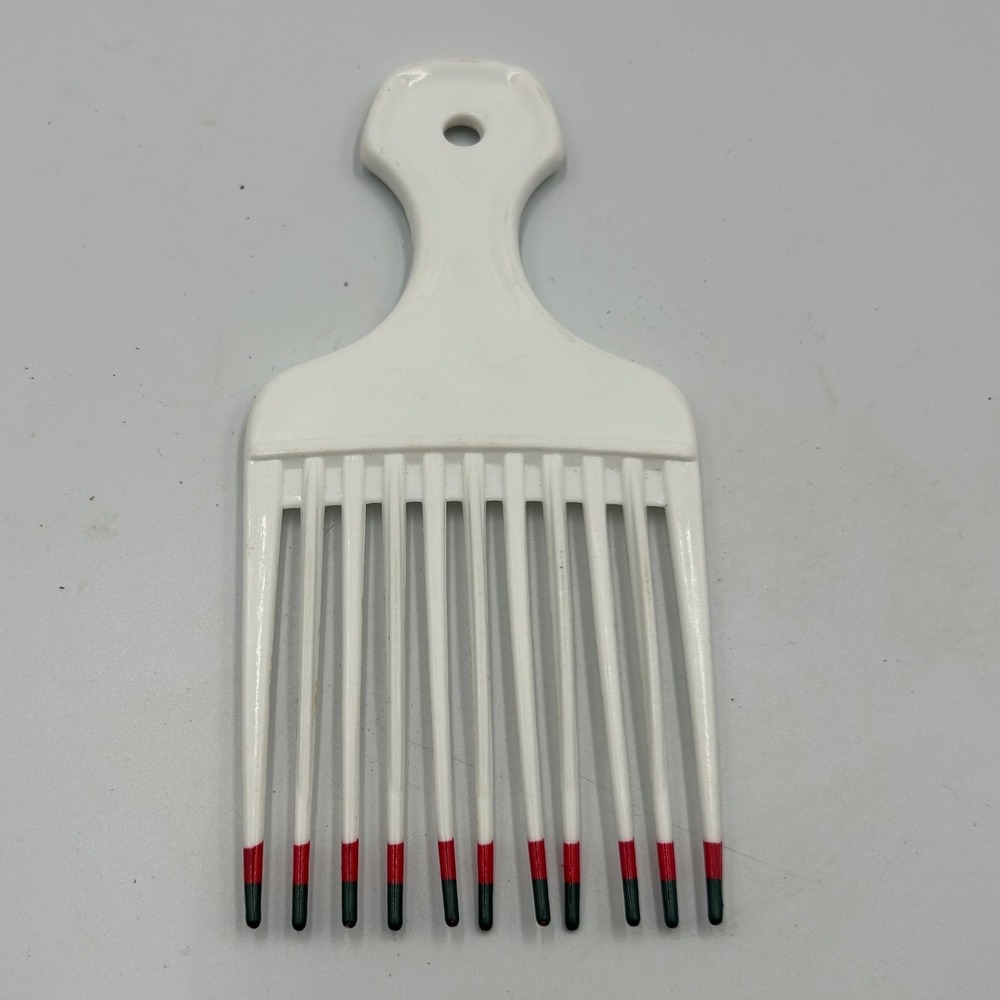Vintage White Plastic Hair Pick Comb Red Black Dipped Tips Wide Tooth Detangle